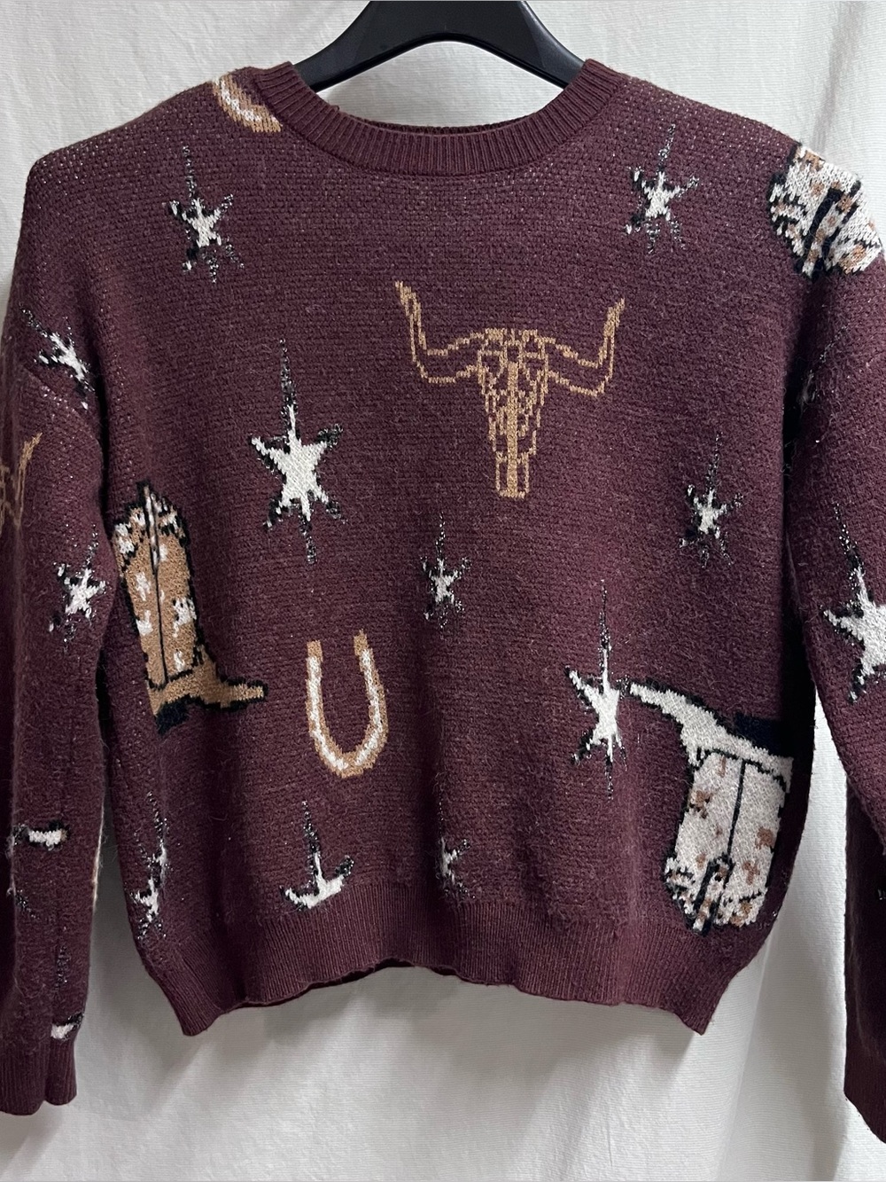 Rock & Roll Denim Western Sweater Boho Wild Horse Cowboy Boots Brown Crewneck